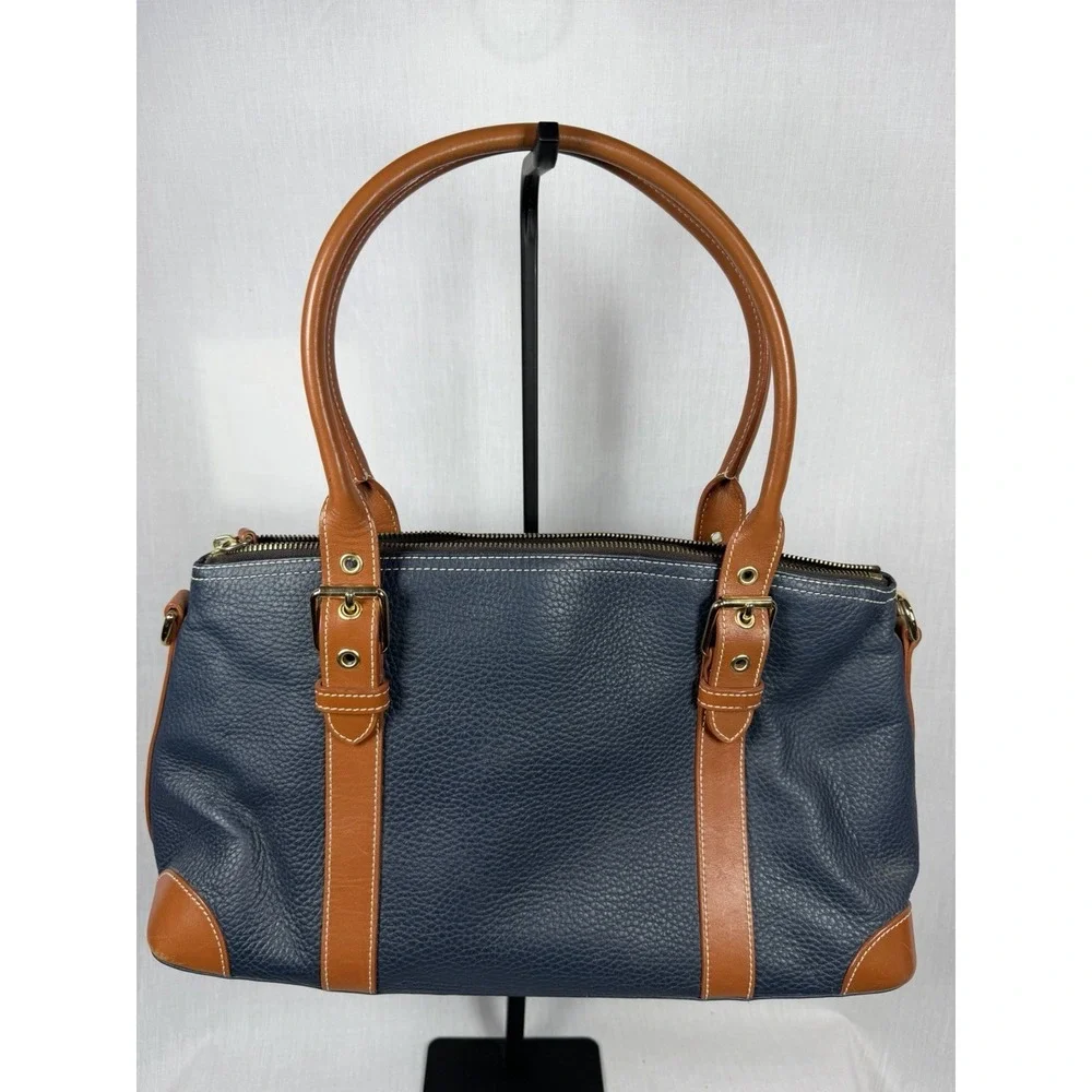 Dooney‎ & Bourke Pebbled Leather Domed Satchel Navy Tan Zip Shoulder Bag Luxury